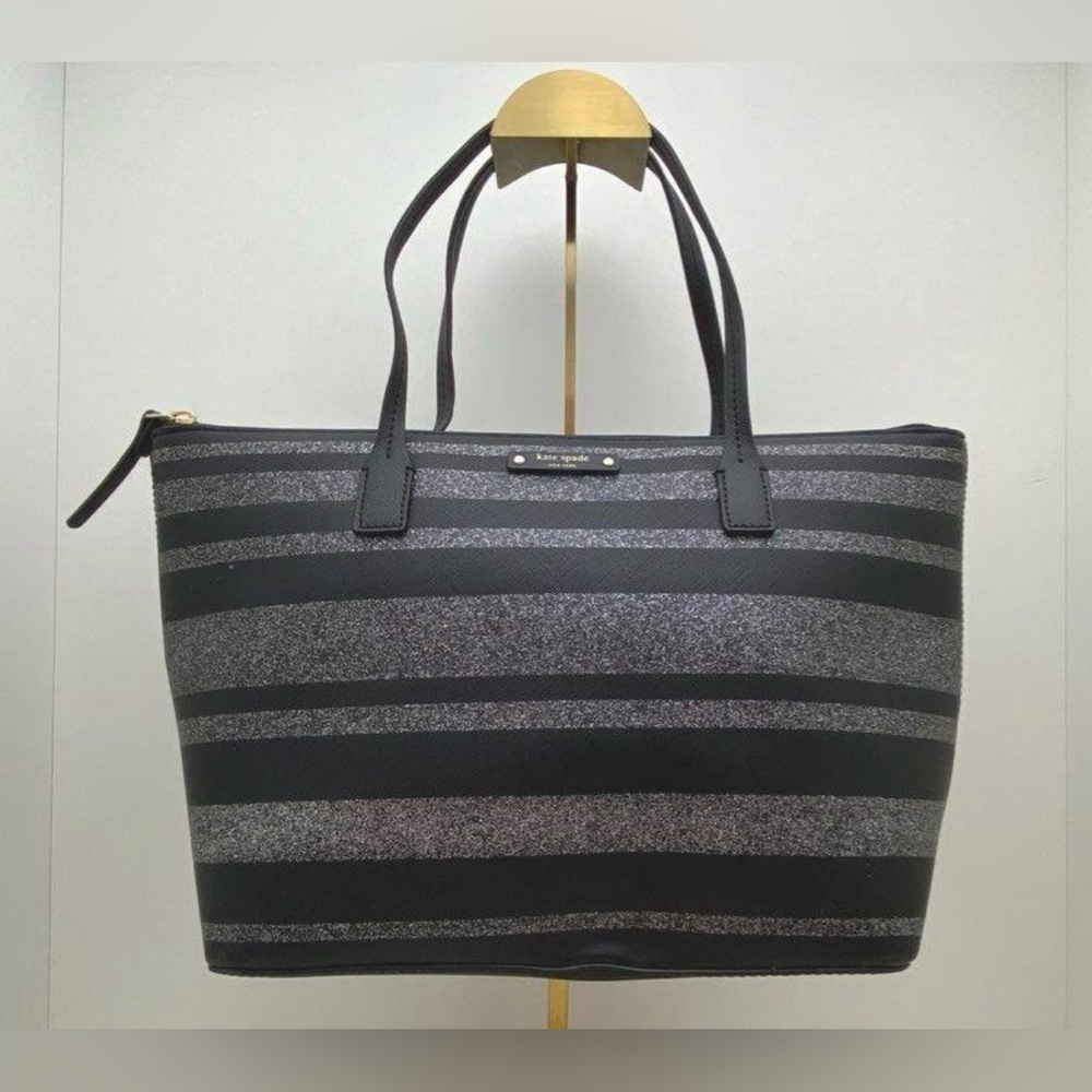 Kate Spade Black and Silver Glitter Stripe Tote